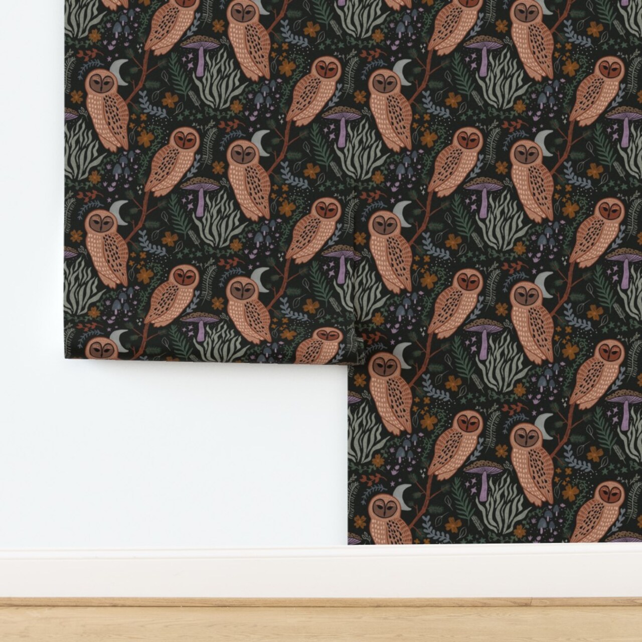 Moody Whimsical Gothic Owls Mushrooms Woodland Creatures Mystical Witchy Dark Academia Whimsigoth Moon Night Sky Witches Large Scale Custom Removable Wallpaper by Spoonflower Peel & Stick Wallpaper 2FT Wide